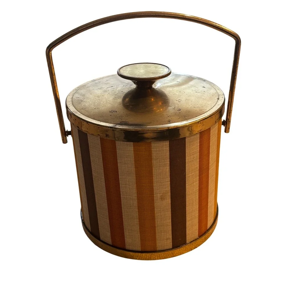 Vintage Mid Century Modern Striped Ice Bucket Retro 70s Brass Barware Yell/Brown